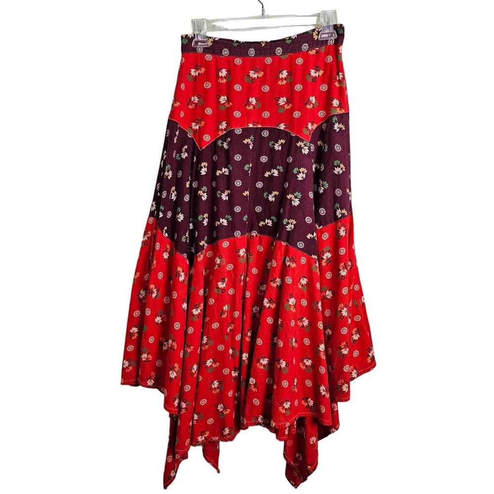 Vintage Boho Mixed Print Handkerchief Hem Skirt